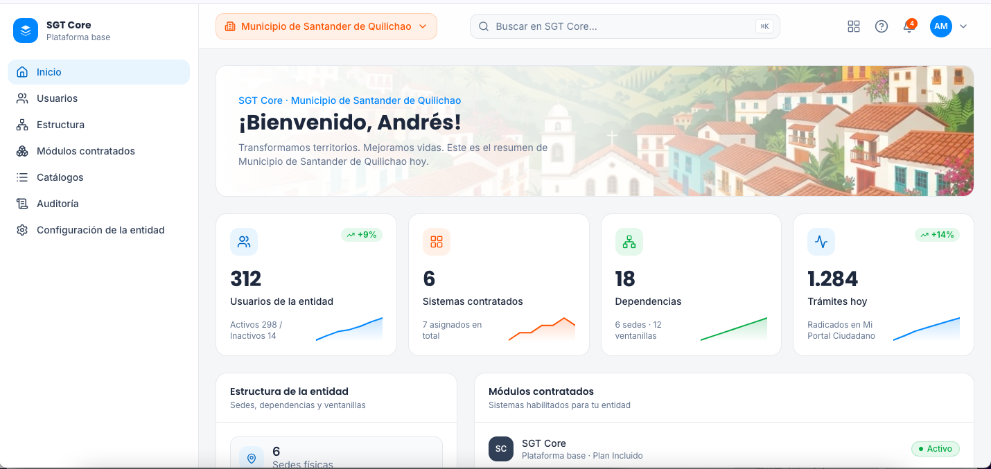 Pantalla real de SGT Core — Alcaldía de Popayán: usuarios, estructura, sistemas contratados y auditoría
