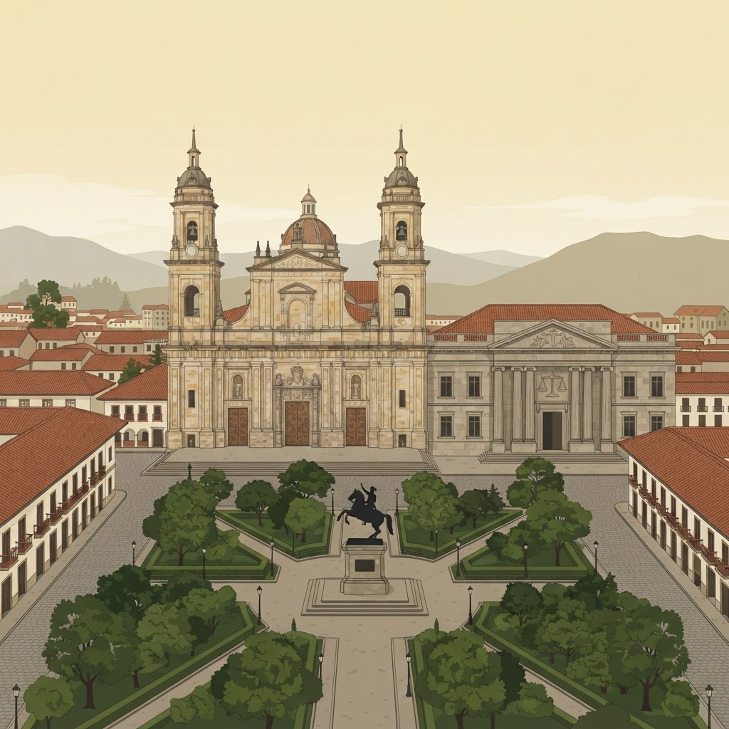 Pueblo colonial solemne con palacio de justicia