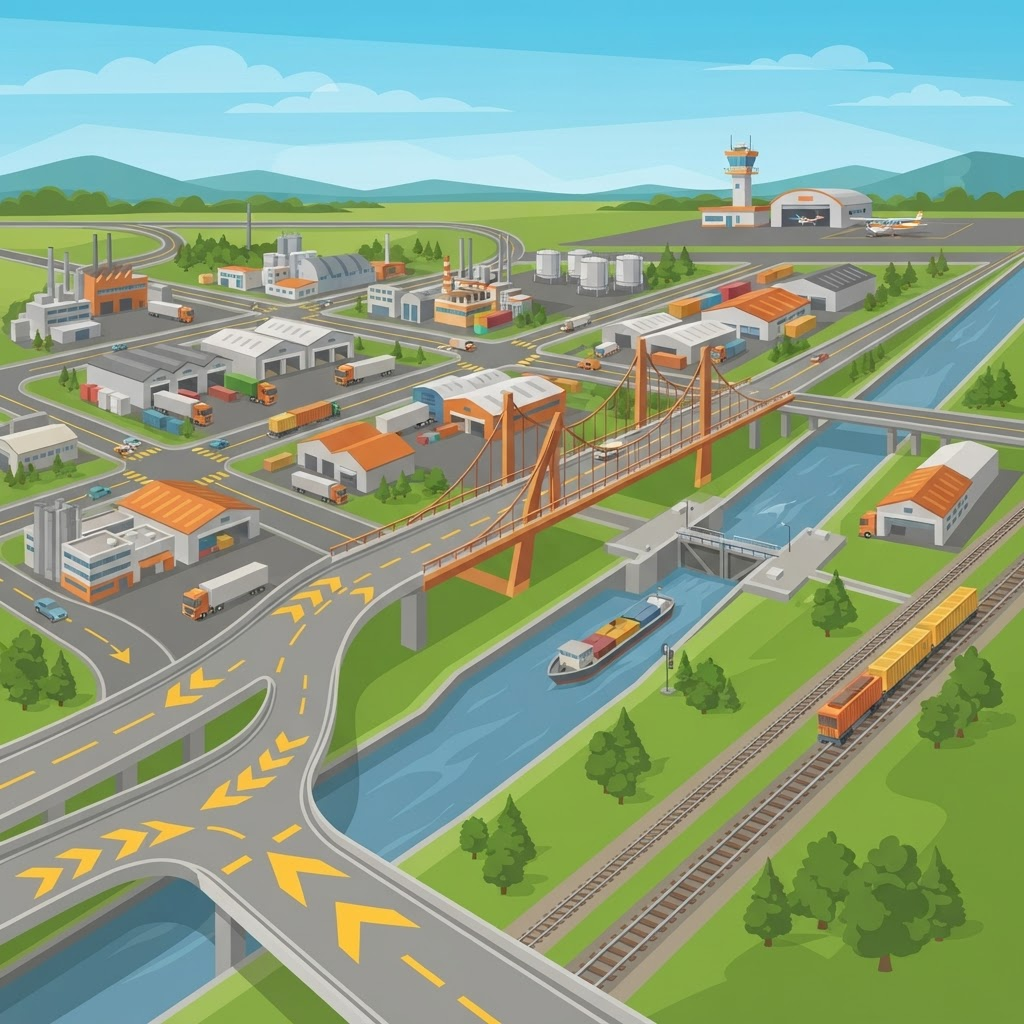 Pueblo industrial colombiano con ferrocarril
